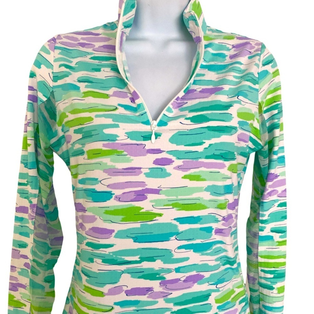 Ibkul Quarter Zip Top -XS blue , green white , nylon spandex - Picture 2 of 5
